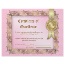 Certificate of Excellence Diploma Gold Pink Crown Custom Letterhead