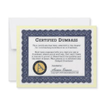 Certified Dumbass Award - Funny Joke Card Personalized Announcements