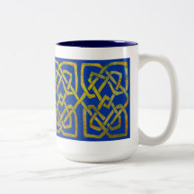 Cetlic Square Knots in Gold on Blue Mugs