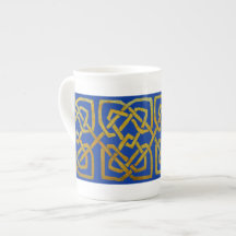 Cetlic Square Knots in Gold on Blue Bone China Mugs