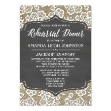 Chalk Burlap and Lace Rehearsal Dinner Invitations
