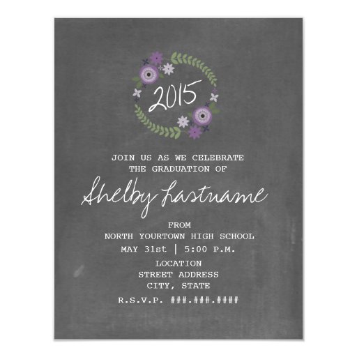 Chalk Inspired Purple Floral 2015 Photo Graduation Invites (front side)