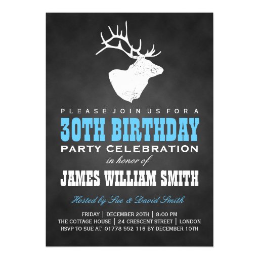 Chalkboard 30th Birthday Party Deer Black Blue Personalized Invitations (front side)