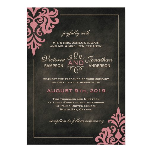 Chalkboard and Pink Damask Wedding Invitations