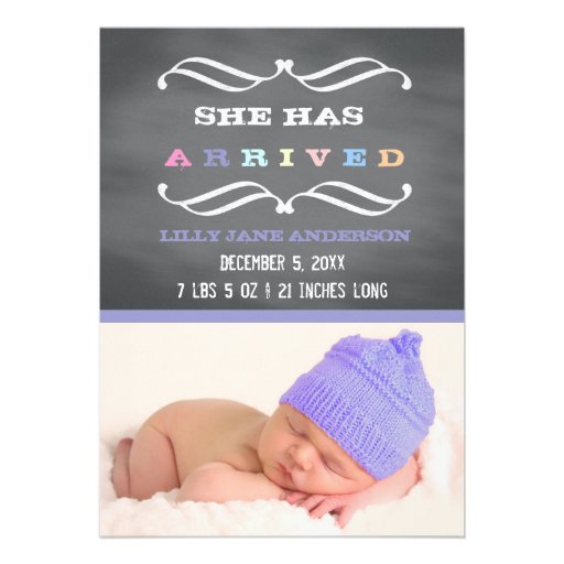 Chalkboard Art Style Purple Baby Announcement