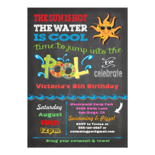 Chalkboard Birthday Pool Party Invitation (front side)