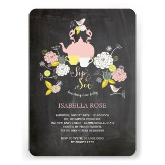 Chalkboard Blooms & Birds Sip And See Baby Shower Invitations
