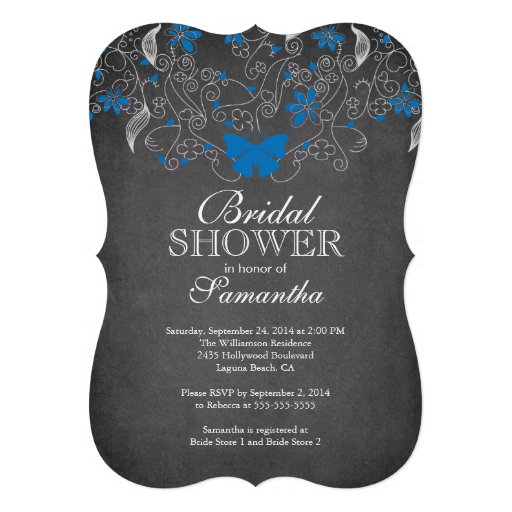 Chalkboard Blue Butterfly Floral Bridal Shower Custom Invitation