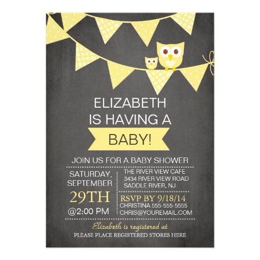 Chalkboard Bunting Owl Gender Neutral Baby Shower Announcement (front side)