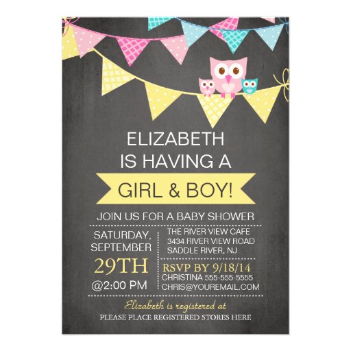 Chalkboard Bunting Owl TWINS GIRL BOY Baby Shower Custom Announcements