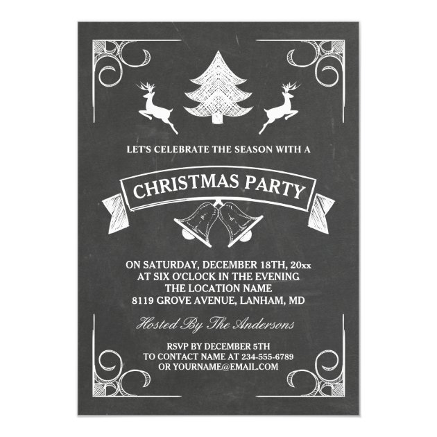 Chalkboard Christmas Deer Tree Bell Holiday Party Card (front side)