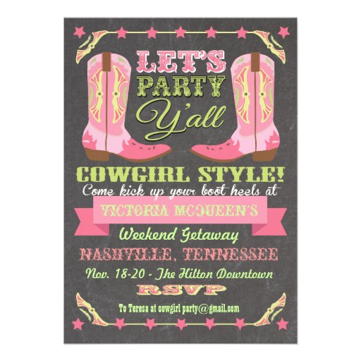 Chalkboard Cowgirl Bachelorette Weekend Getaway Invitation (front side)