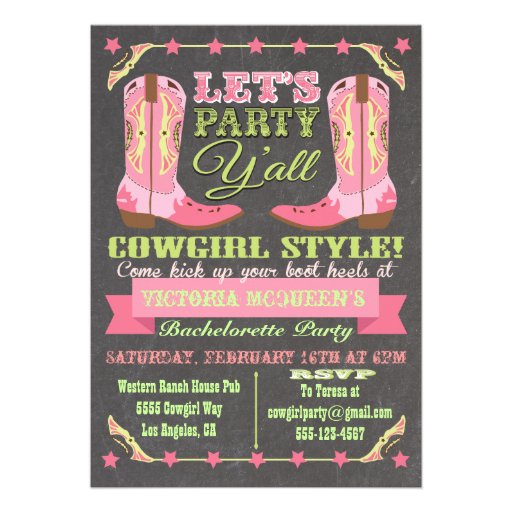 Chalkboard Cowgirl Western Bachelorette Party Personalized Announcement (front side)