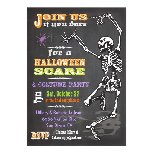 Chalkboard Dancing Skeleton Halloween Party Invite (front side)