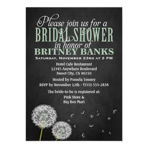 Chalkboard Dandelion Bridal Shower Invitations