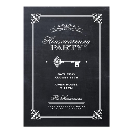Chalkboard Elegant Key Housewarming Party Personalized Announcement (front side)