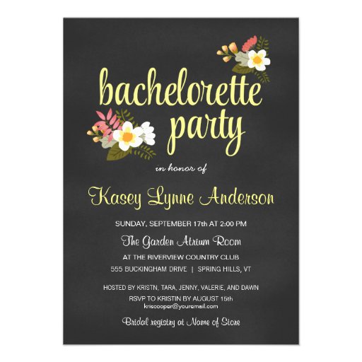 Chalkboard Floral Bachelorette Party Invitations (front side)