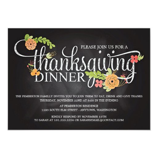 Chalkboard Floral Elegant Thanksgiving Dinner Personalized Invitation (front side)
