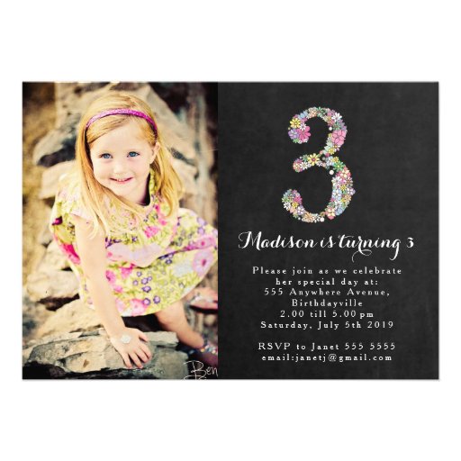Chalkboard Floral Girls 3rd Birthday Party Invite