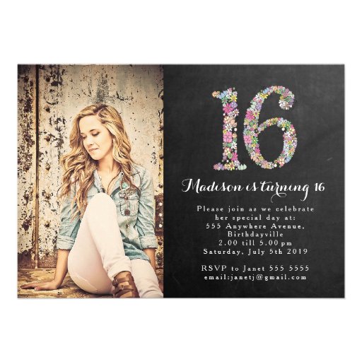 Chalkboard Girls Floral 16th Birthday Party Invite