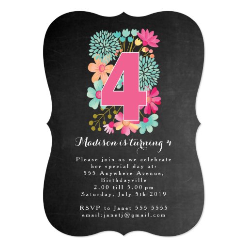 chalkboard girls floral 4th birthday party invite zazzle 4th birthday party invitation