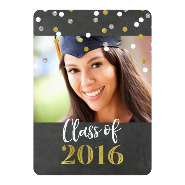 Chalkboard Gold Confetti Photo Graduation Party 5x7 Paper Invitation Card (front side)