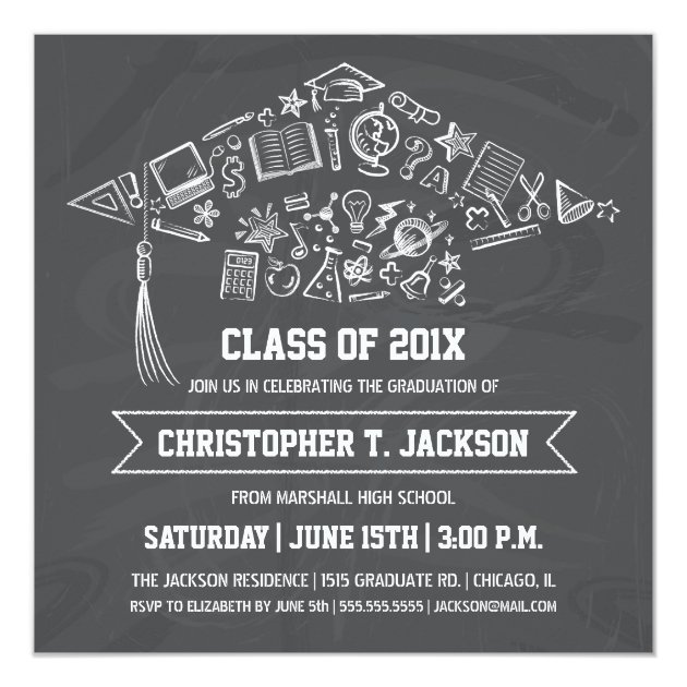 Chalkboard Graduation Cap Invitation with Photo (front side)