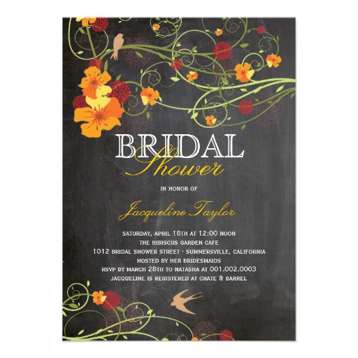 Chalkboard Hibiscus Floral Birds Bridal Shower Custom Announcement