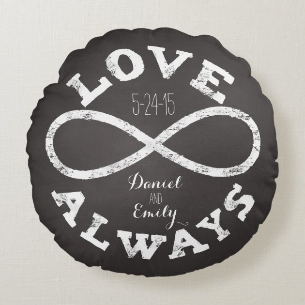 Chalkboard Infinity Love Wedding Date and Names Round Pillow-0