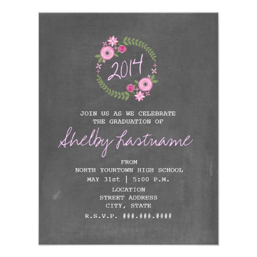Chalkboard Inspired Pink Floral Photo Graduation Personalized Invites (front side)