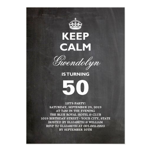 Chalkboard Keep Calm Funny 50th Birthday Party Personalized Invitation