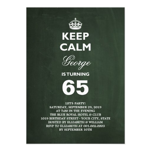 Chalkboard Keep Calm Funny 65th Birthday Party Custom Announcements
