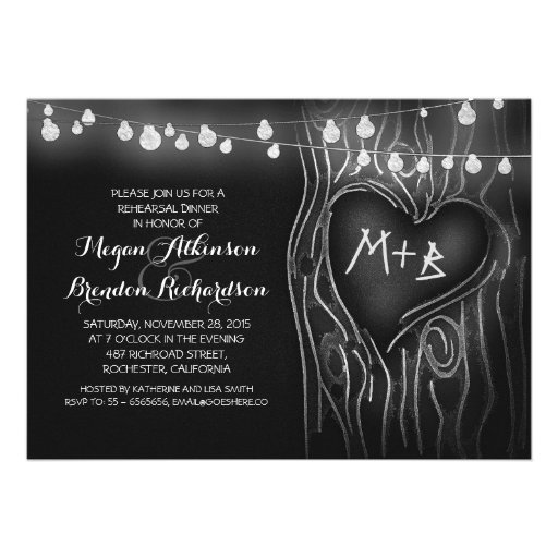 chalkboard lights tree romantic rehearsal dinner personalized announcements (front side)