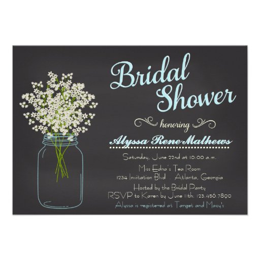 Chalkboard Mason Jar Baby's Breath Bridal Shower Personalized Announcement (front side)