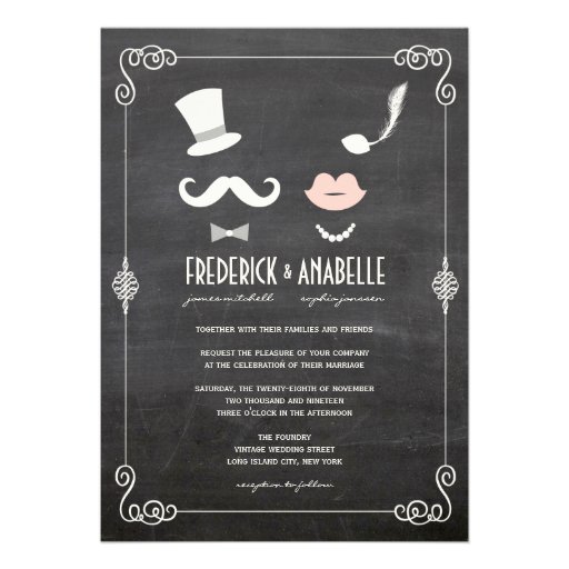 Chalkboard Moustache & Lips Vintage Wedding Invite