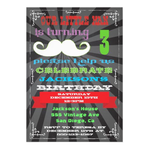 Chalkboard Mustache Birthday Party Invitations