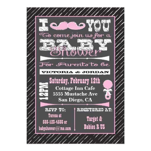Chalkboard Mustache Girl Baby Shower Party Invitation