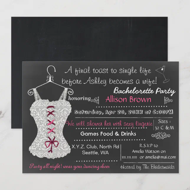 Chalkboard Pink Lace Lingerie Shower Bachelorette Invitation Zazzle