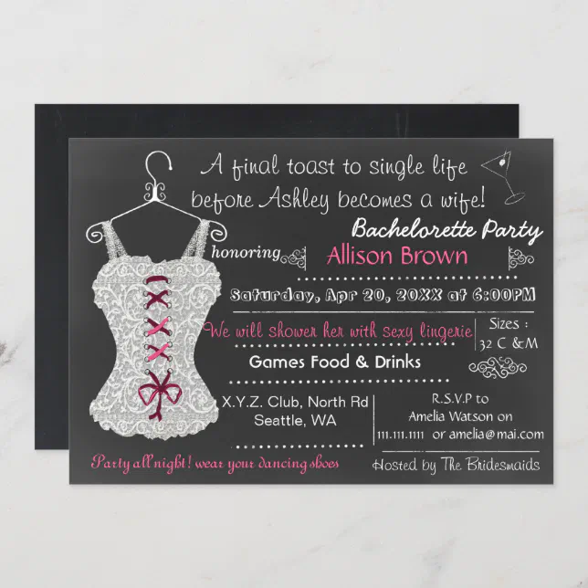 Chalkboard Pink Lace Lingerie Shower Bachelorette Invitation Zazzle