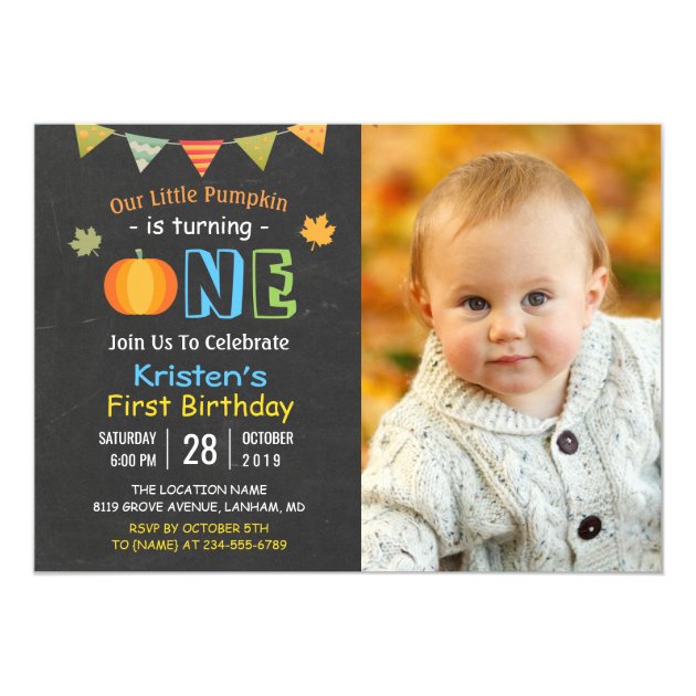 Chalkboard Pumpkin Baby First Birthday Photo Card (front side)