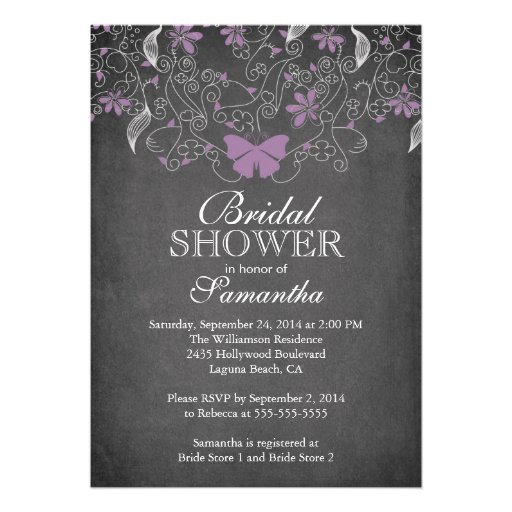 Chalkboard Purple Butterfly Floral Bridal Shower Invites