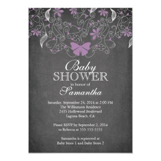 Chalkboard Purple Butterfly Girl Baby Shower Card