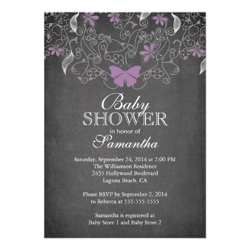 Chalkboard  Purple Butterfly Girl Baby Shower Personalized Invitations