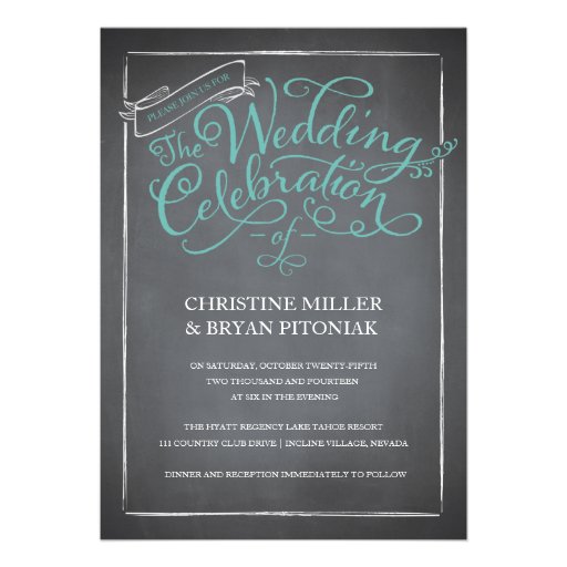 Chalkboard Script Blue Wedding Invitation (front side)
