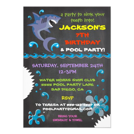 Chalkboard Shark Pool Birthday Party Invitations Announcement (front side)