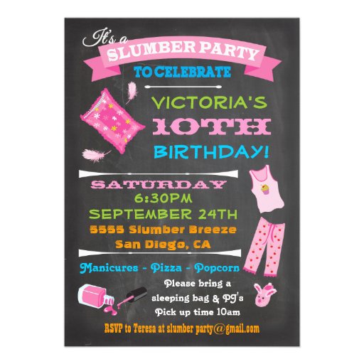 Chalkboard Sleepover Slumber Party Spa Birthday Custom Invitations (front side)
