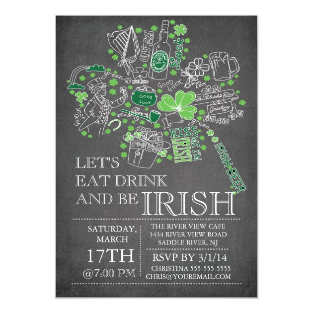 Chalkboard St. Patrick's Day Bash Dinner Party 5x7 Paper Invitation Card (front side)