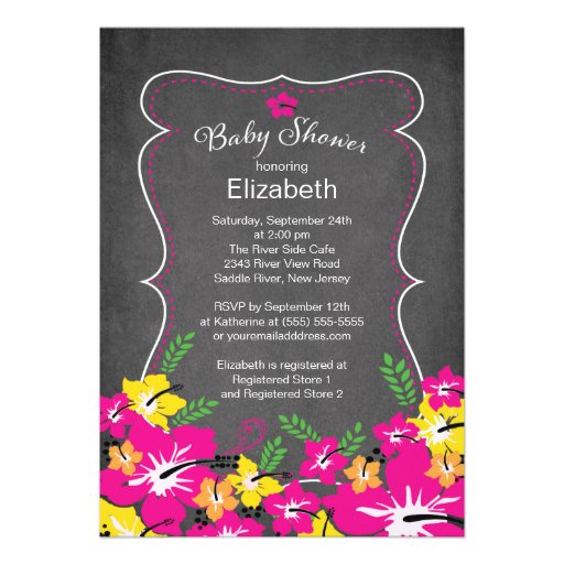 Chalkboard Tropical Hibiscus Flowers Baby Shower Personalized Invitations (front side)