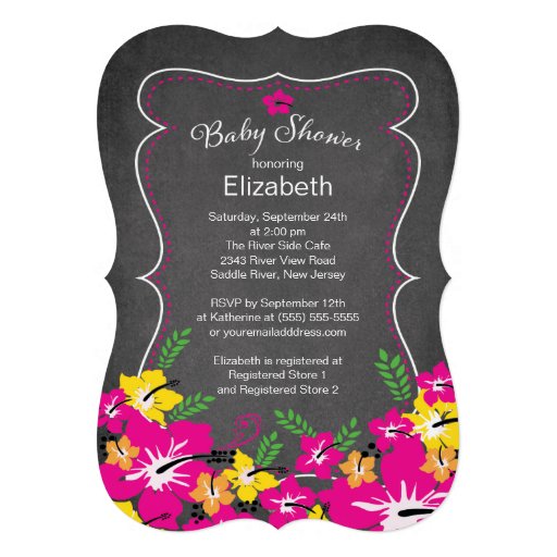 Chalkboard Tropical Hibiscus Flowers Baby Shower Personalized Invitations (front side)