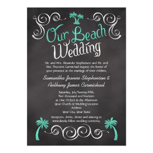 Chalkboard Turquoise Palm Tree Beach Wedding Invite